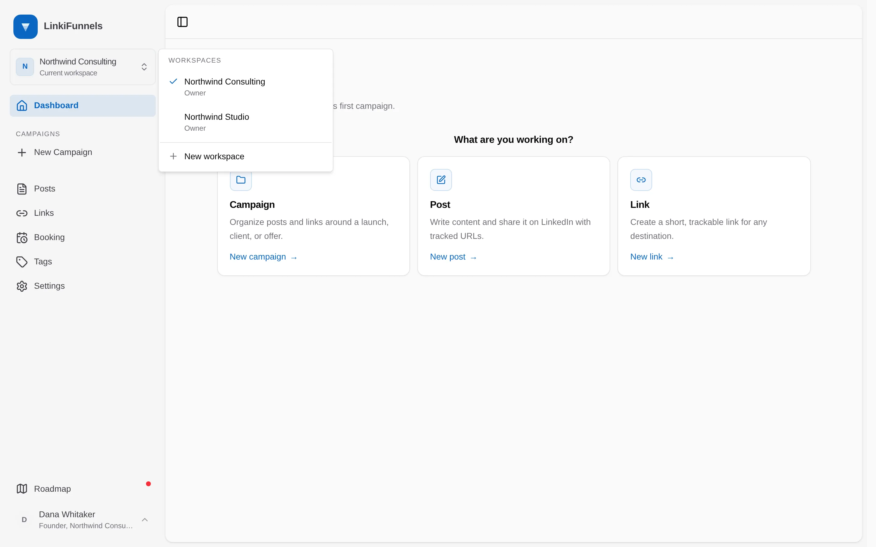 The open workspace switcher with the current workspace, another workspace, and New workspace marked