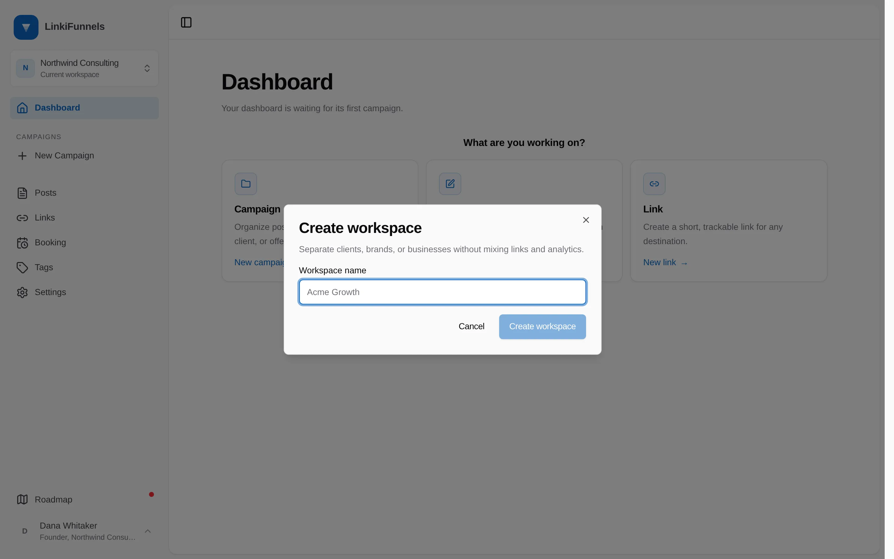 The Create workspace dialog with the name field marked